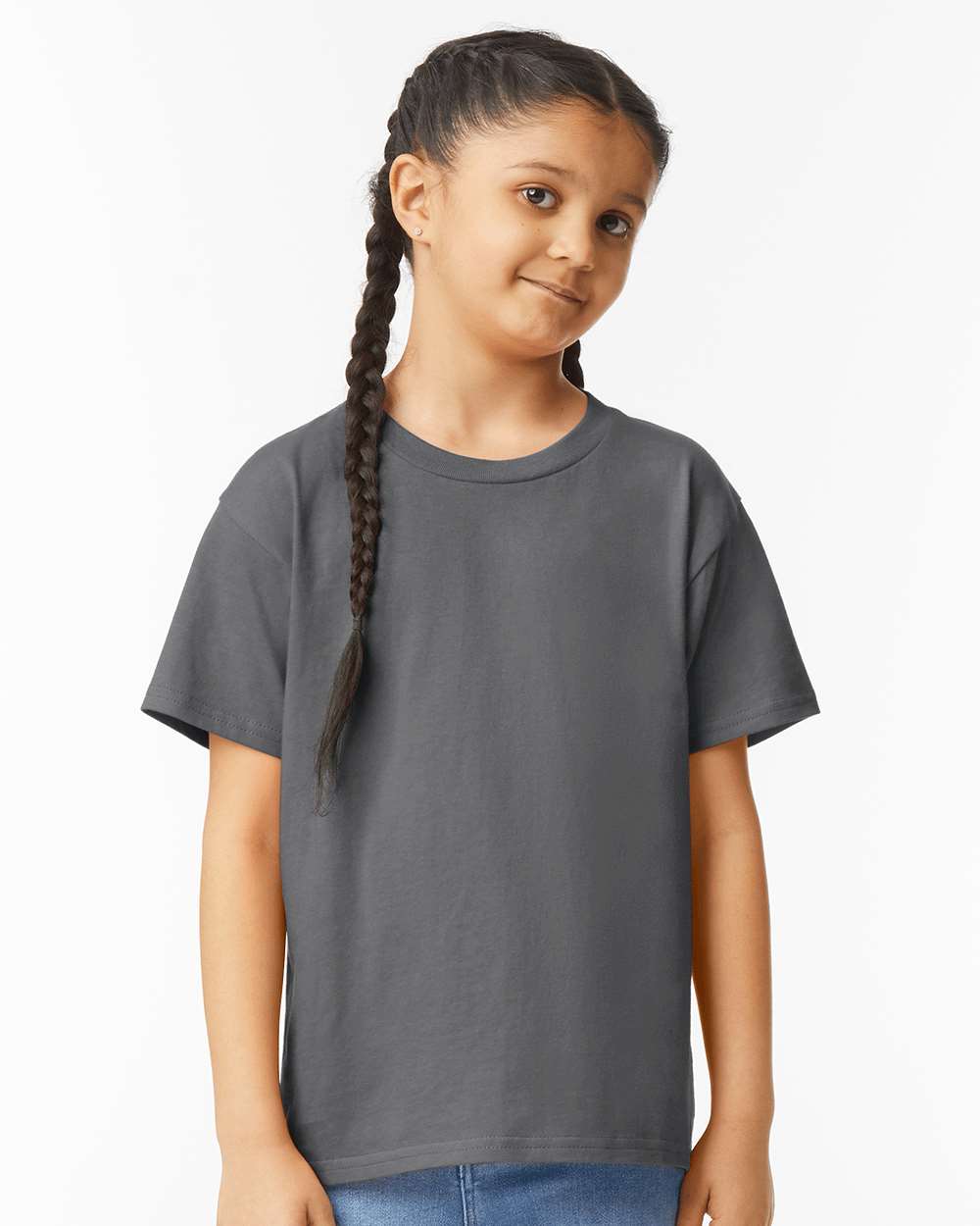 Gildan 64000B Youth Softstyle® T-Shirt - Charcoal - On Model Front