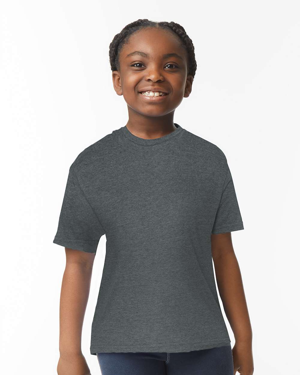 Gildan 64000B Youth Softstyle® T-Shirt - Dark Heather - On Model Front