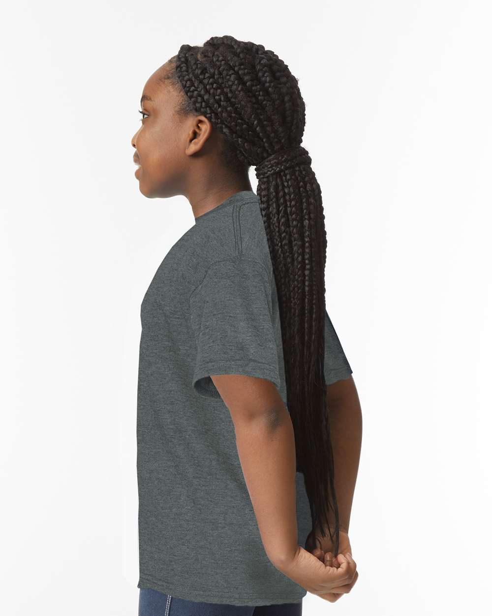 Gildan 64000B Youth Softstyle® T-Shirt - Dark Heather - On Model Side