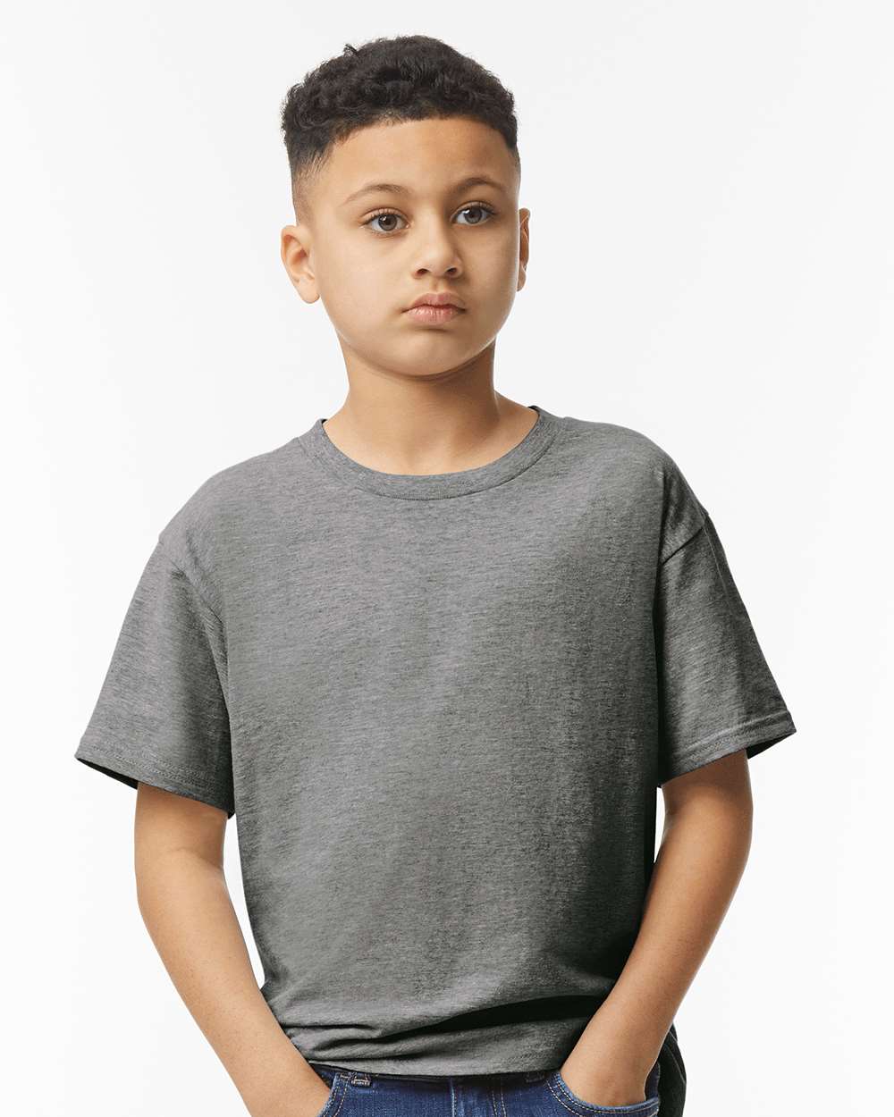 Gildan 64000B Youth Softstyle® T-Shirt - Graphite Heather - On Model Front