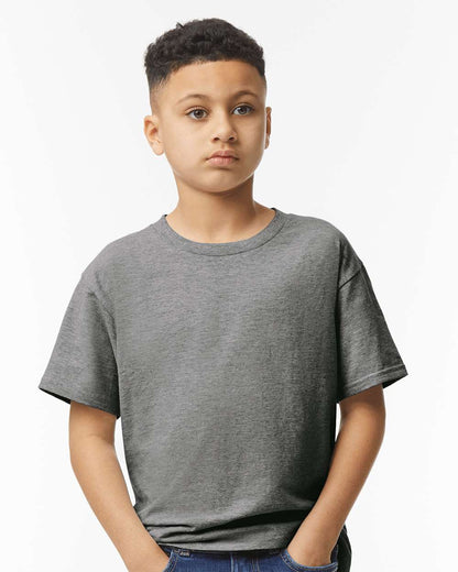 Gildan 64000B Youth Softstyle® T-Shirt - Graphite Heather - On Model Front