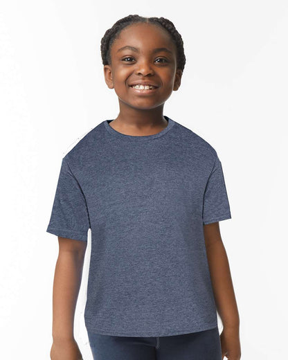 Gildan 64000B Youth Softstyle® T-Shirt - Heather Navy - On Model Front