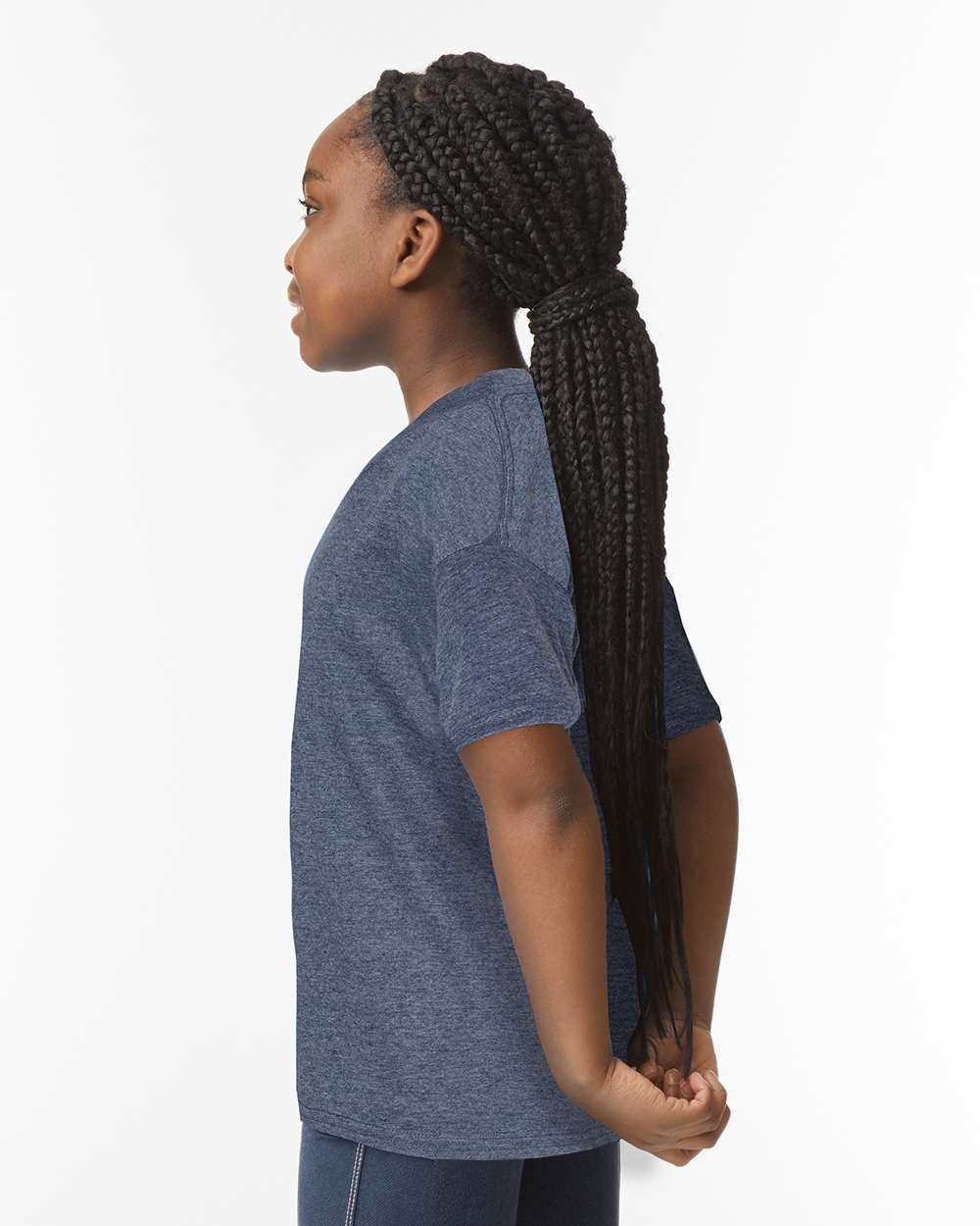 Gildan 64000B Youth Softstyle® T-Shirt - Heather Navy - On Model Side