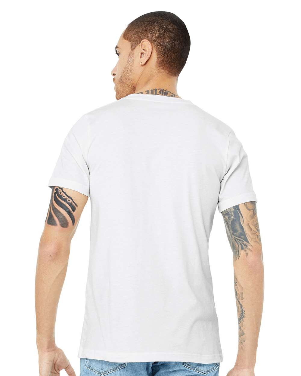 BELLA + CANVAS 3005CVC Unisex Heather CVC V-Neck Tee - Solid White Blend - On Model Back