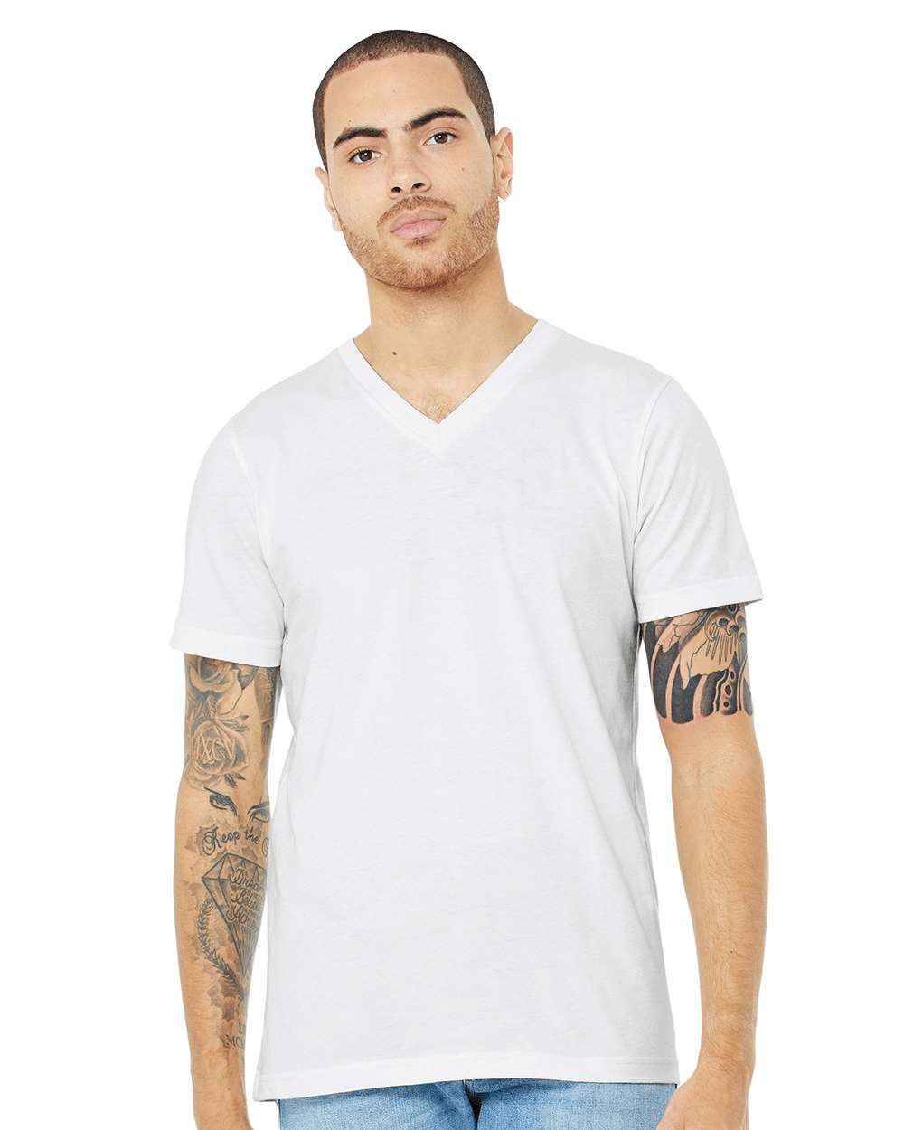BELLA + CANVAS 3005CVC Unisex Heather CVC V-Neck Tee - Solid White Blend - On Model Front