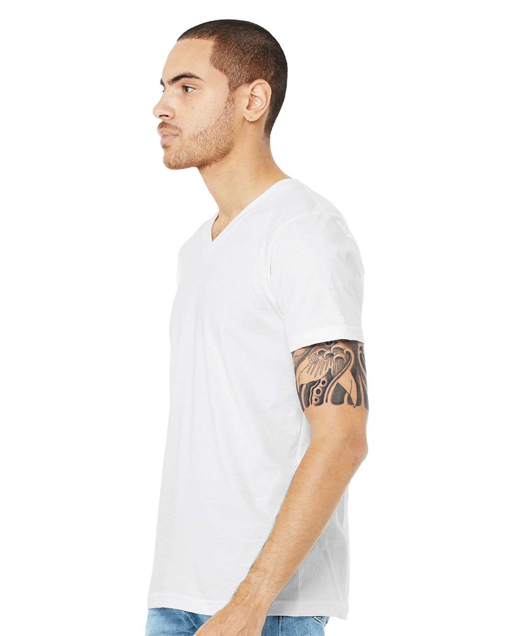 BELLA + CANVAS 3005CVC Unisex Heather CVC V-Neck Tee - Solid White Blend - On Model Side