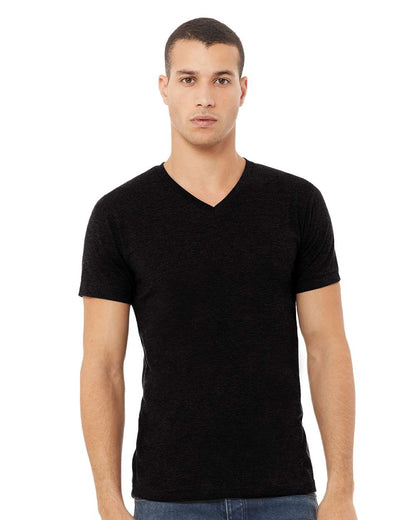 BELLA + CANVAS 3005CVC Unisex Heather CVC V-Neck Tee - Solid Black Blend - On Model Front