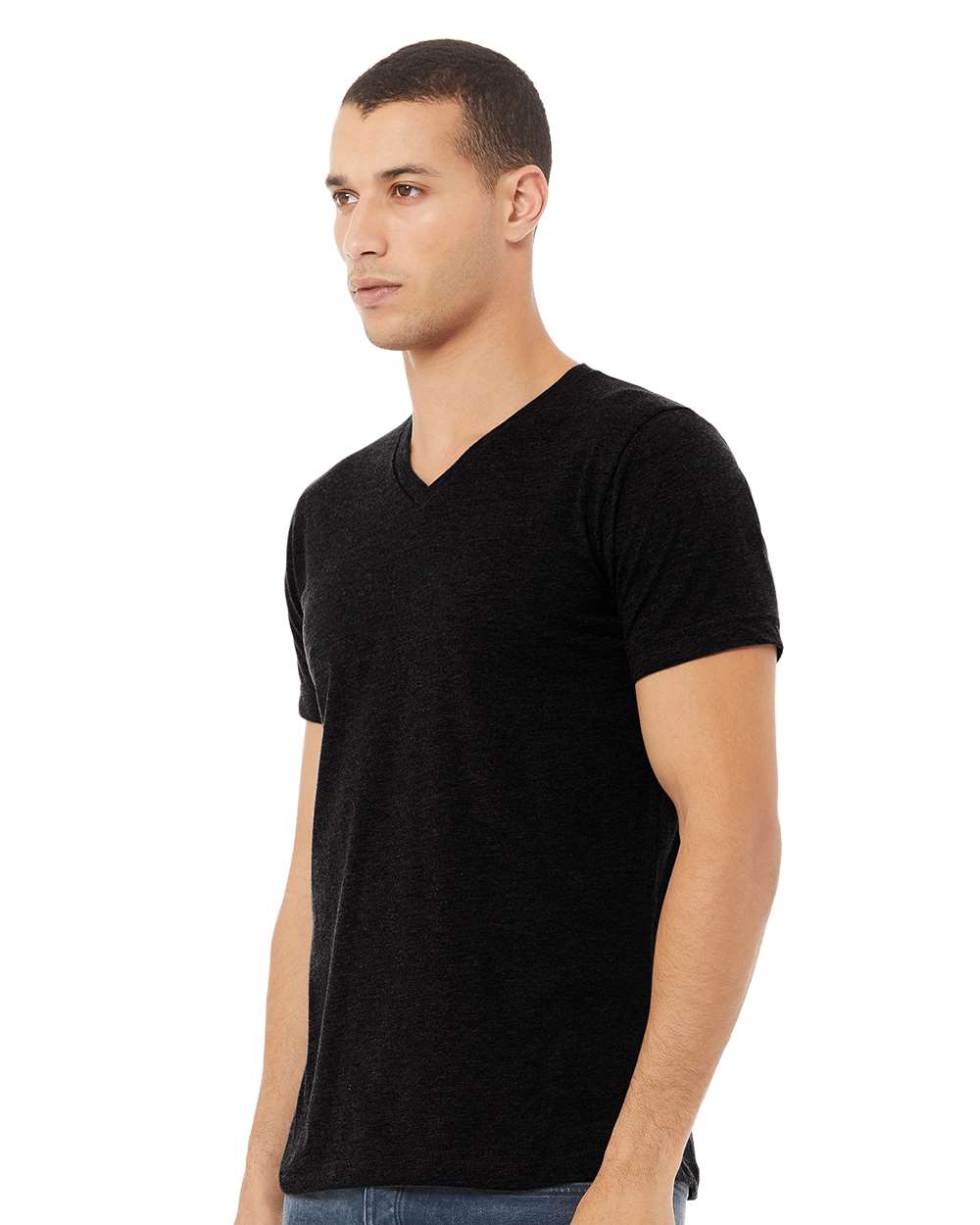 BELLA + CANVAS 3005CVC Unisex Heather CVC V-Neck Tee - Solid Black Blend - On Model Side