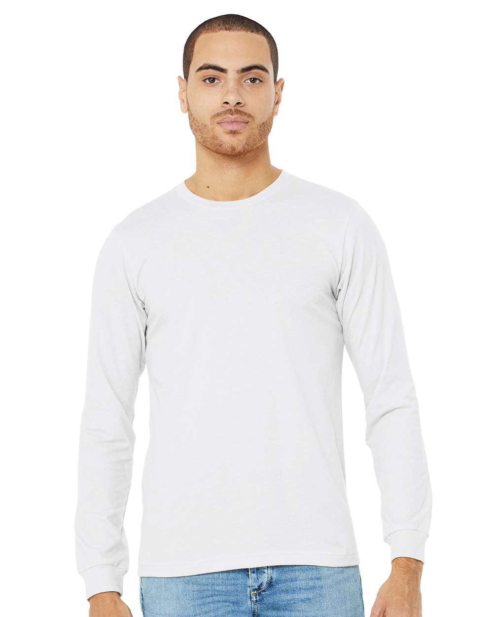 BELLA + CANVAS 3501CVC Heather CVC Long Sleeve Tee - Solid White Blend - On Model Front