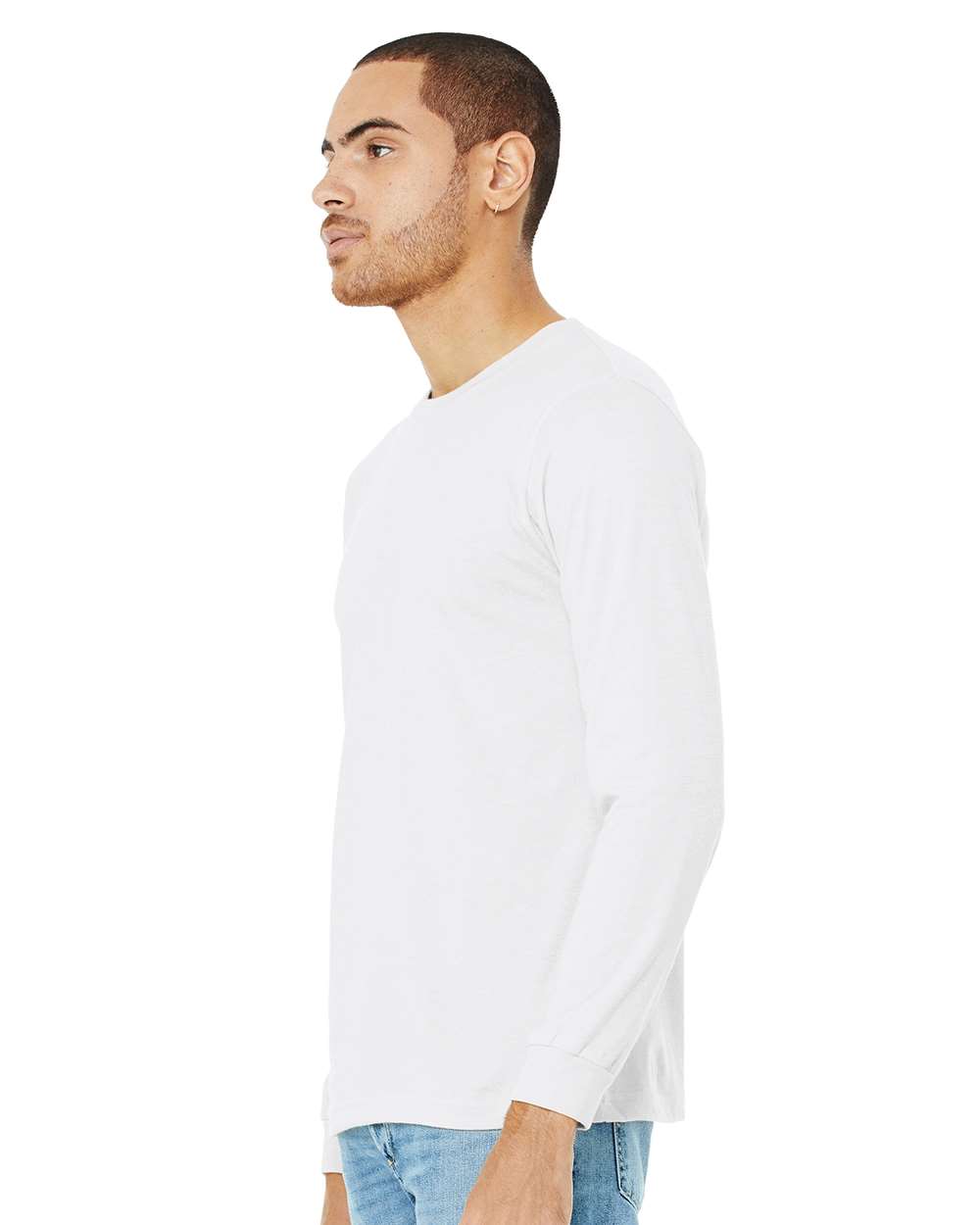 BELLA + CANVAS 3501CVC Heather CVC Long Sleeve Tee - Solid White Blend - On Model Side