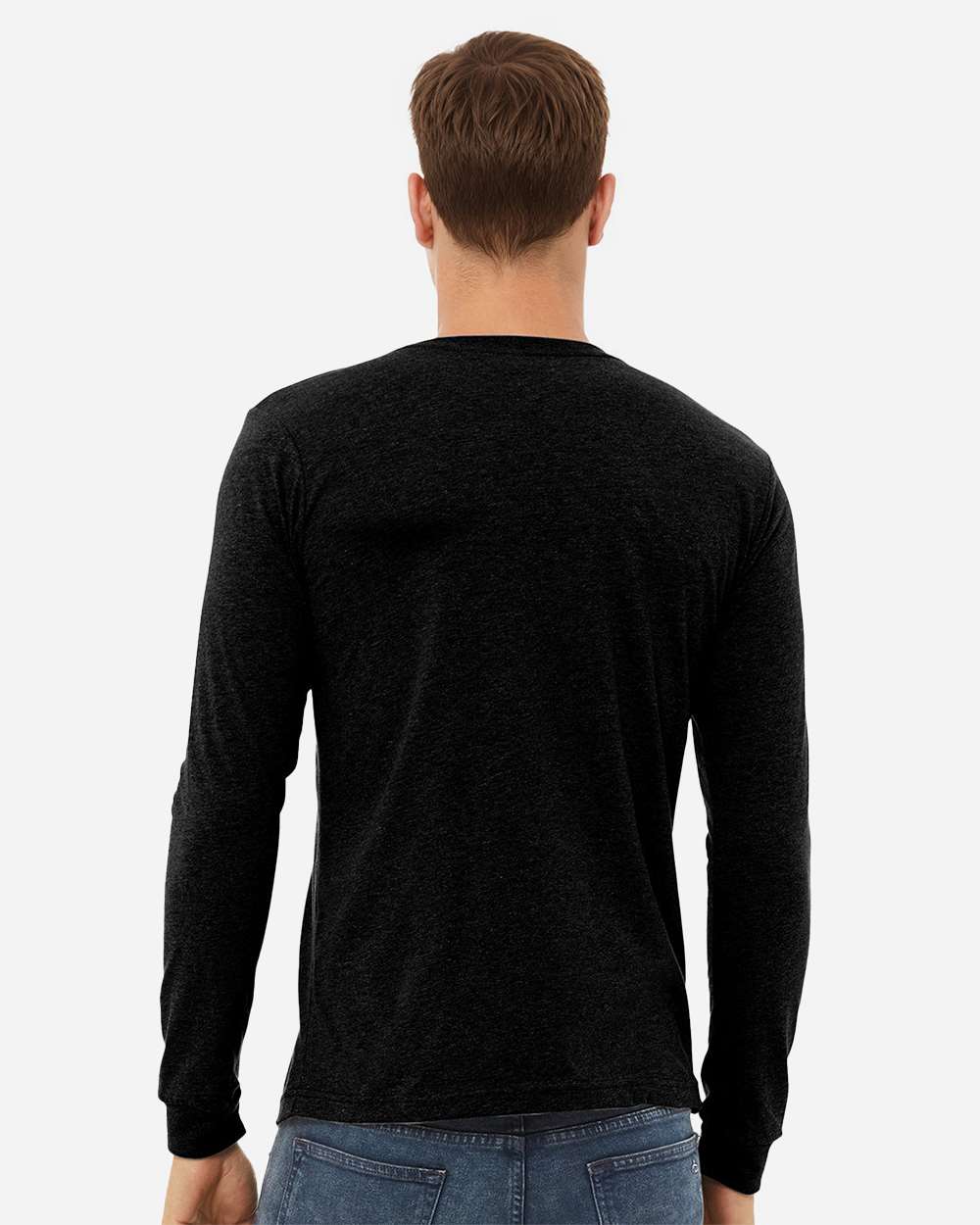 BELLA + CANVAS 3501CVC Heather CVC Long Sleeve Tee - Solid Black Blend - On Model Back