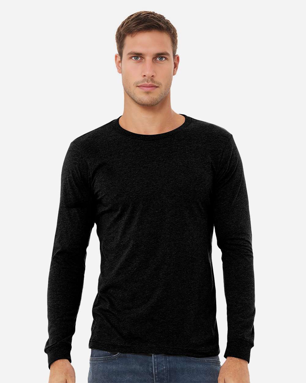 BELLA + CANVAS 3501CVC Heather CVC Long Sleeve Tee - Solid Black Blend - On Model Front