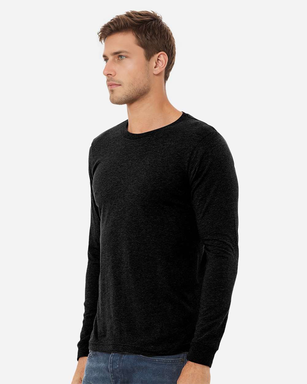 BELLA + CANVAS 3501CVC Heather CVC Long Sleeve Tee - Solid Black Blend - On Model Side