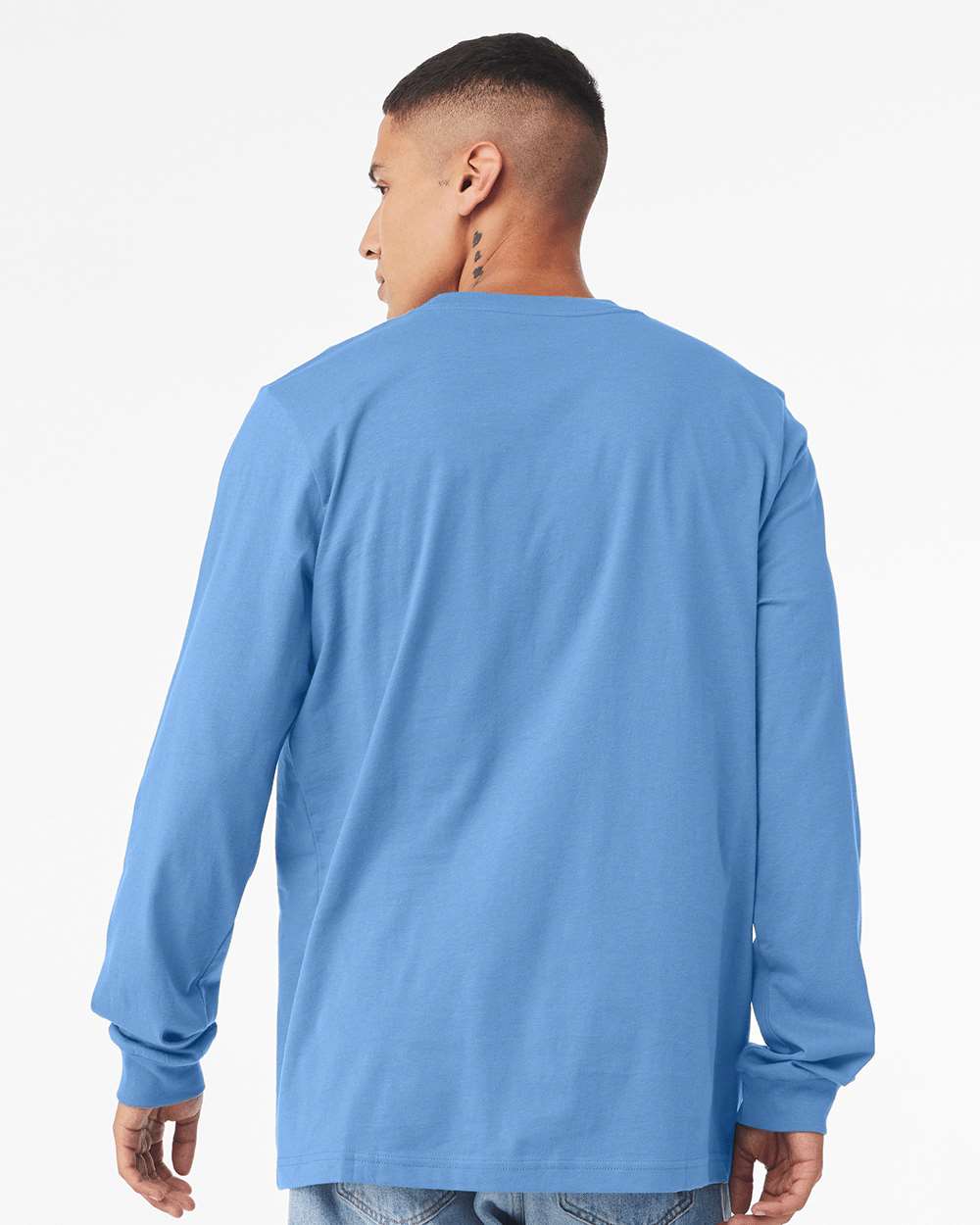 BELLA + CANVAS 3501CVC Heather CVC Long Sleeve Tee - Heather Carolina Blue - On Model Back