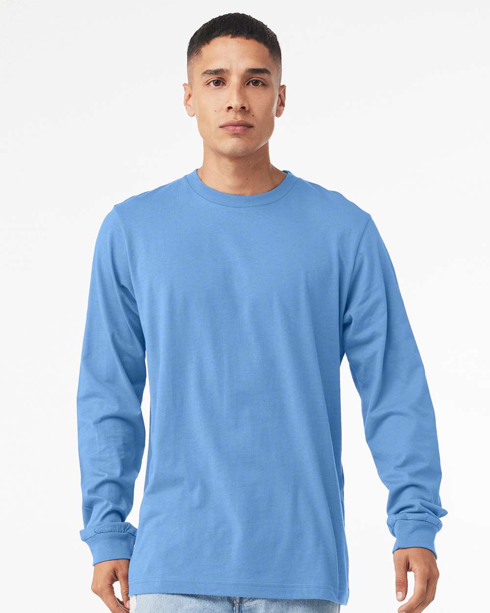 BELLA + CANVAS 3501CVC Heather CVC Long Sleeve Tee - Heather Carolina Blue - On Model Front