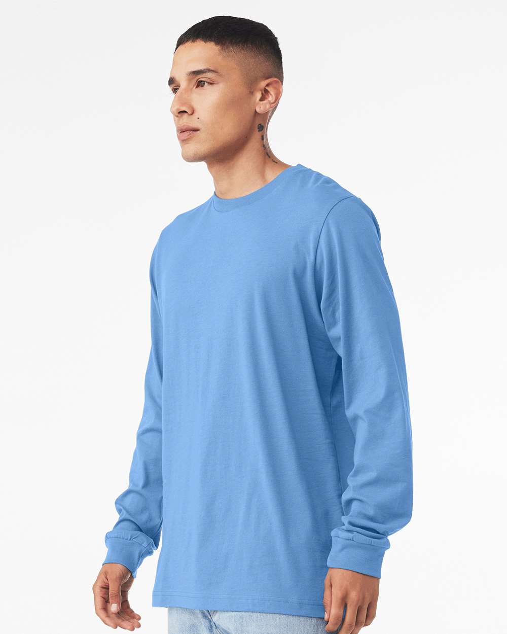 BELLA + CANVAS 3501CVC Heather CVC Long Sleeve Tee - Heather Carolina Blue - On Model Side