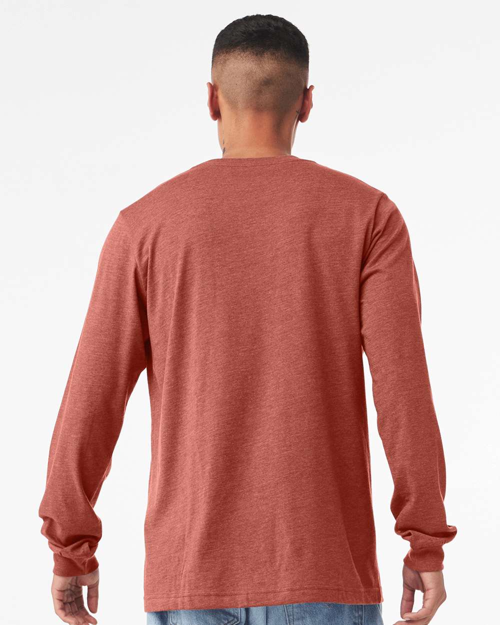 BELLA + CANVAS 3501CVC Heather CVC Long Sleeve Tee - Heather Clay - On Model Back