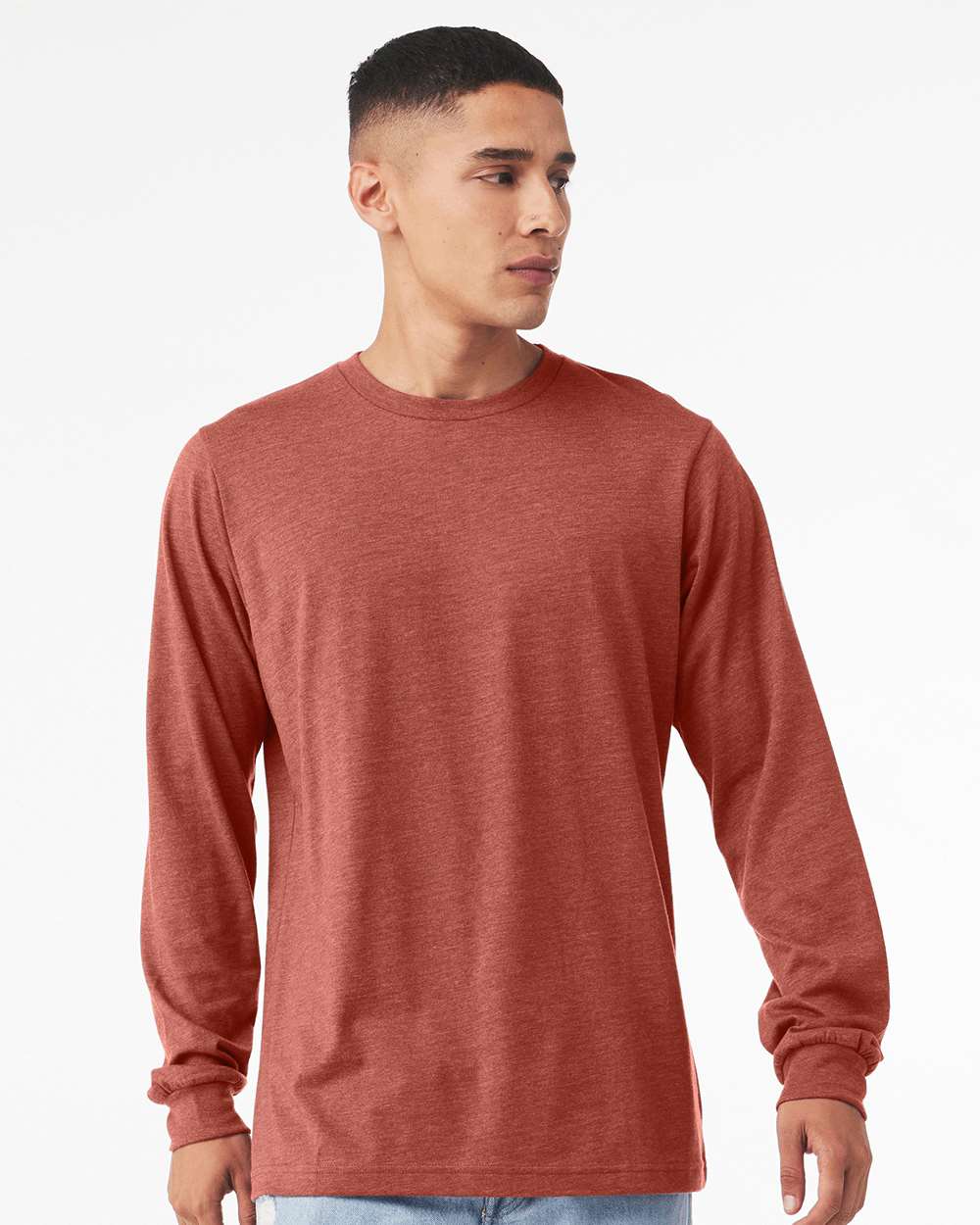 BELLA + CANVAS 3501CVC Heather CVC Long Sleeve Tee - Heather Clay - On Model Front