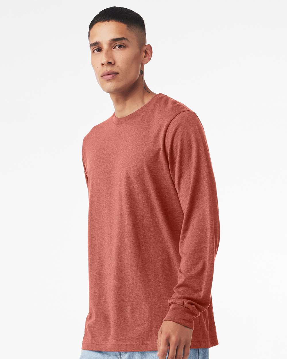 BELLA + CANVAS 3501CVC Heather CVC Long Sleeve Tee - Heather Clay - On Model Side