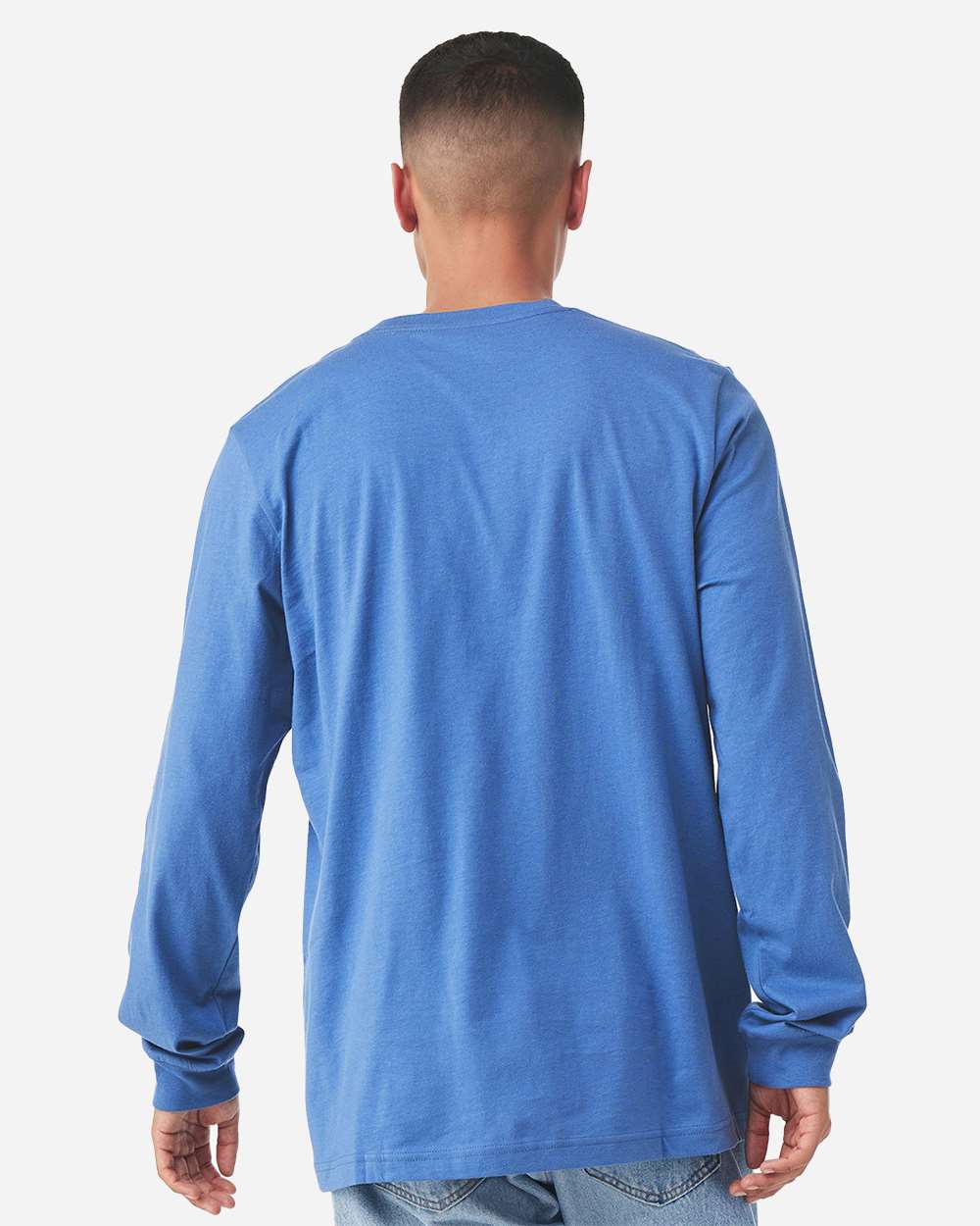 BELLA + CANVAS 3501CVC Heather CVC Long Sleeve Tee - Heather Columbia Blue - On Model Back
