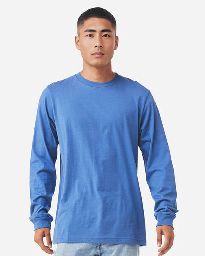 BELLA + CANVAS 3501CVC Heather CVC Long Sleeve Tee - Heather Columbia Blue - On Model Front
