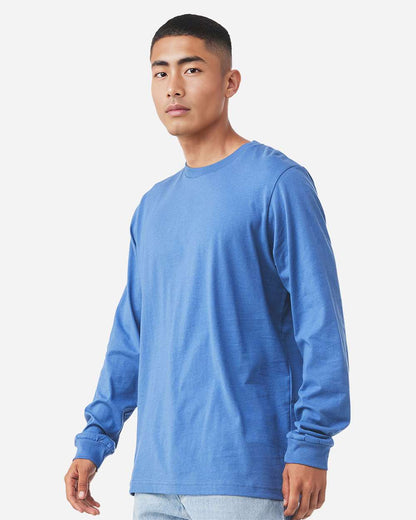 BELLA + CANVAS 3501CVC Heather CVC Long Sleeve Tee - Heather Columbia Blue - On Model Side