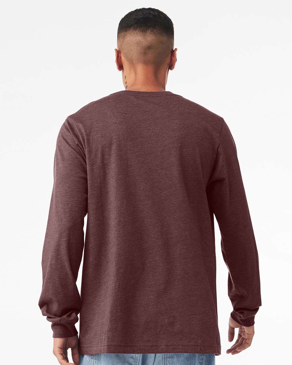 BELLA + CANVAS 3501CVC Heather CVC Long Sleeve Tee - Heather Maroon - On Model Back