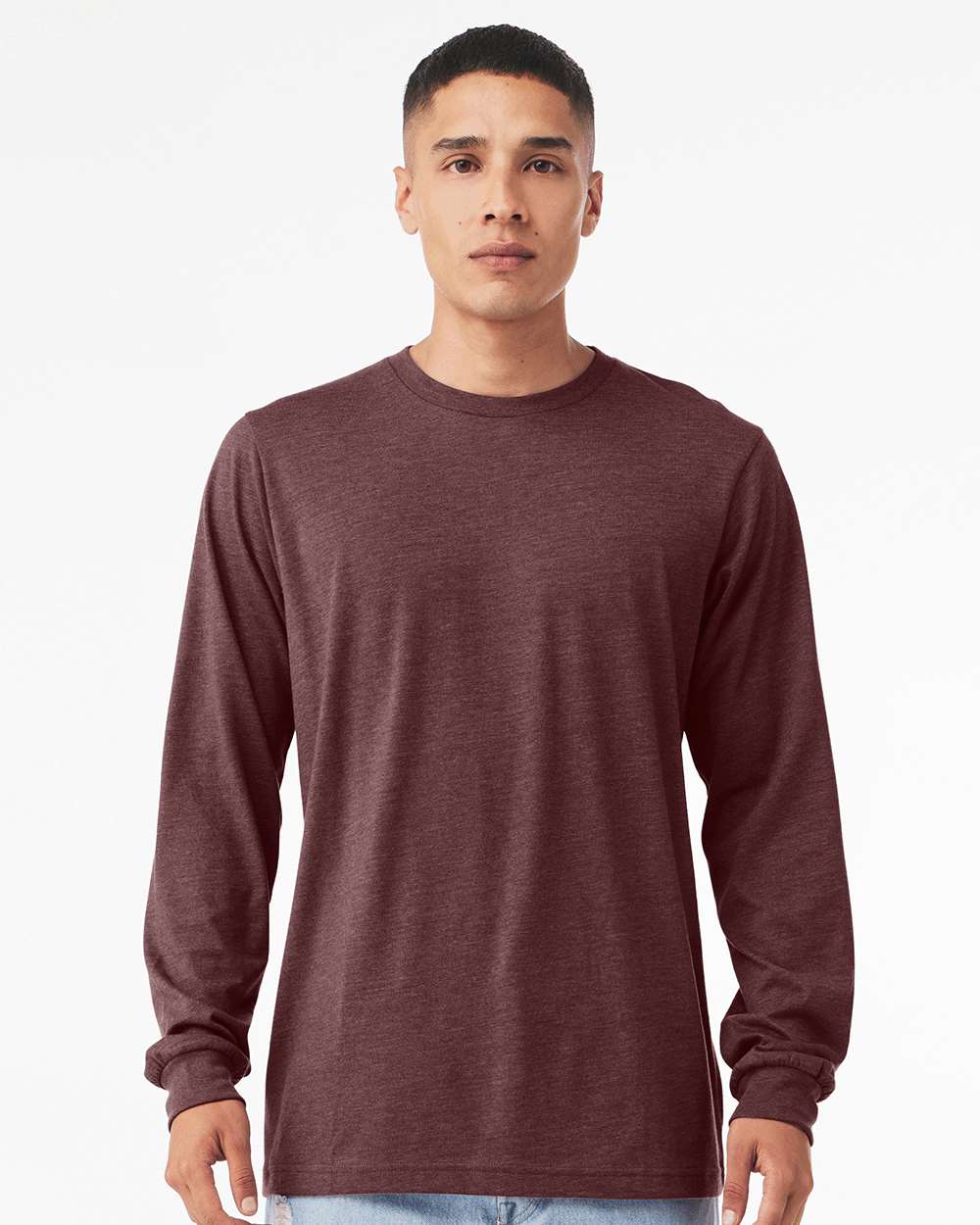 BELLA + CANVAS 3501CVC Heather CVC Long Sleeve Tee - Heather Maroon - On Model Front