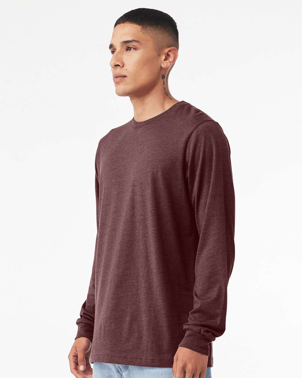 BELLA + CANVAS 3501CVC Heather CVC Long Sleeve Tee - Heather Maroon - On Model Side