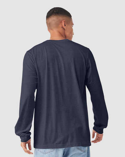 BELLA + CANVAS 3501CVC Heather CVC Long Sleeve Tee - Heather Midnight Navy - On Model Back