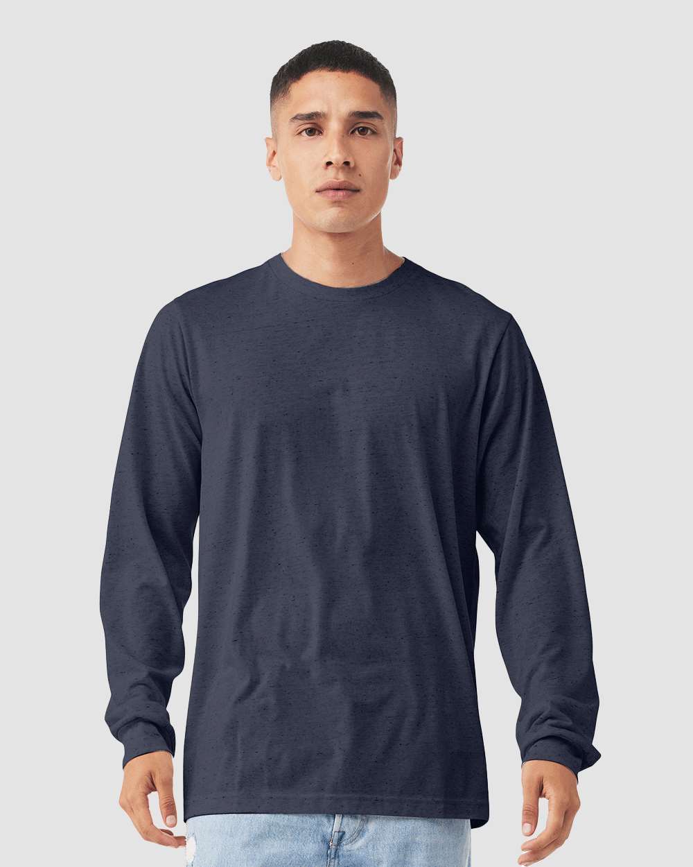 BELLA + CANVAS 3501CVC Heather CVC Long Sleeve Tee - Heather Midnight Navy - On Model Front