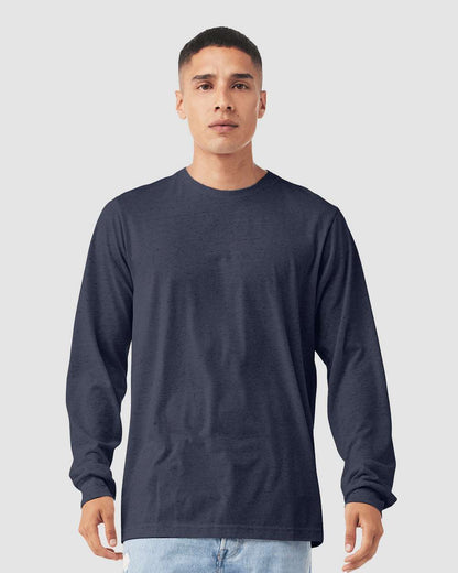 BELLA + CANVAS 3501CVC Heather CVC Long Sleeve Tee - Heather Midnight Navy - On Model Front