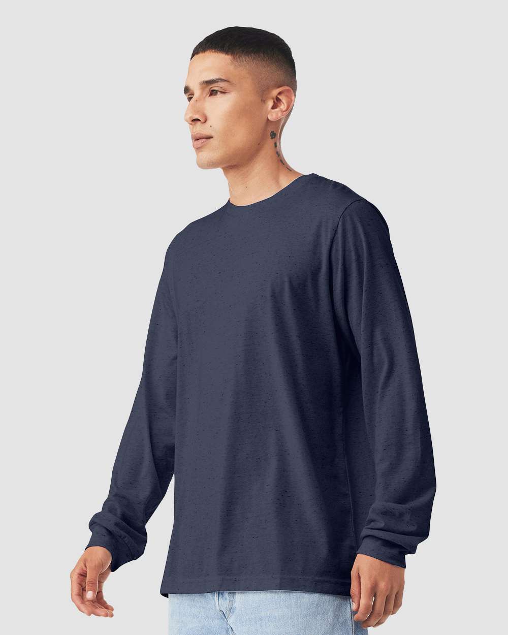 BELLA + CANVAS 3501CVC Heather CVC Long Sleeve Tee - Heather Midnight Navy - On Model Side