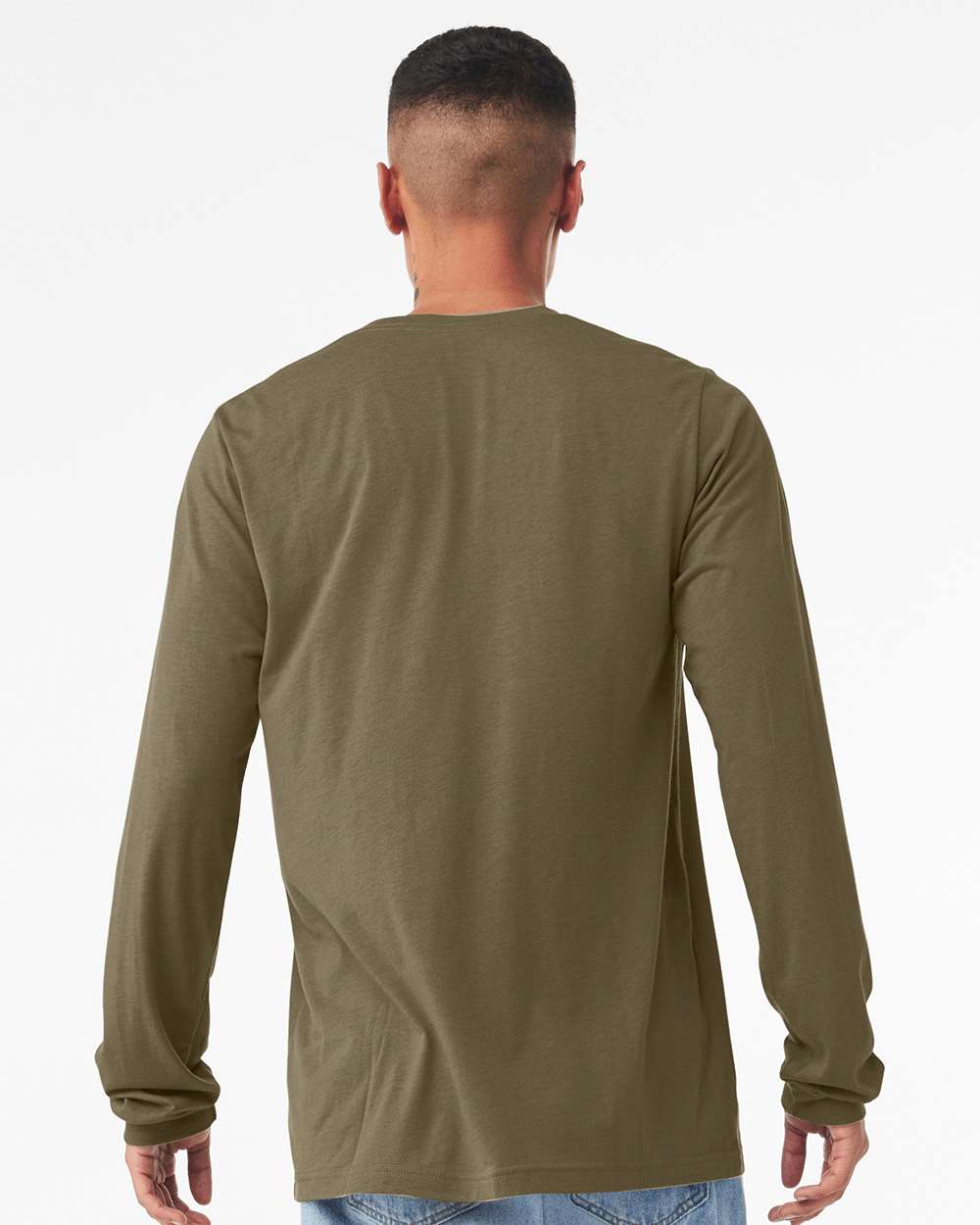 BELLA + CANVAS 3501CVC Heather CVC Long Sleeve Tee - Heather Olive - On Model Back