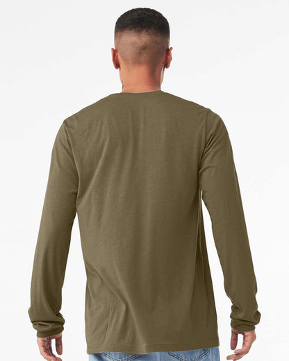 BELLA + CANVAS 3501CVC Heather CVC Long Sleeve Tee - Heather Olive - On Model Back