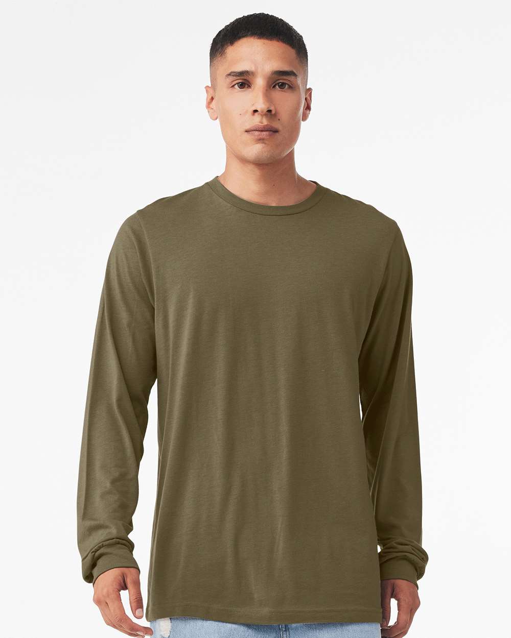 BELLA + CANVAS 3501CVC Heather CVC Long Sleeve Tee - Heather Olive - On Model Front