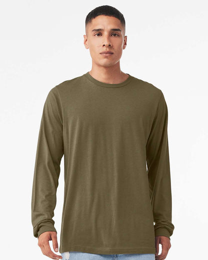 BELLA + CANVAS 3501CVC Heather CVC Long Sleeve Tee - Heather Olive - On Model Front