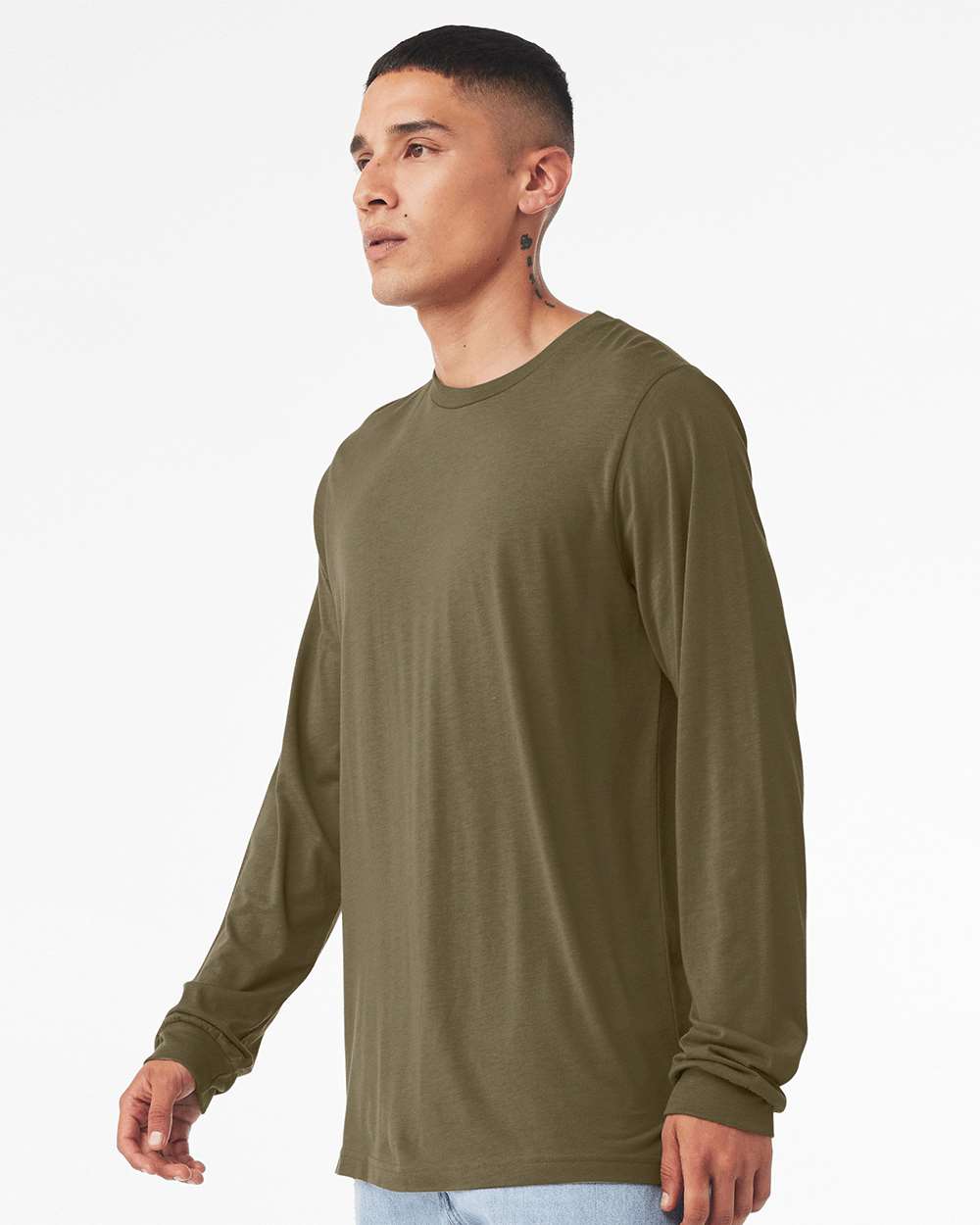 BELLA + CANVAS 3501CVC Heather CVC Long Sleeve Tee - Heather Olive - On Model Side