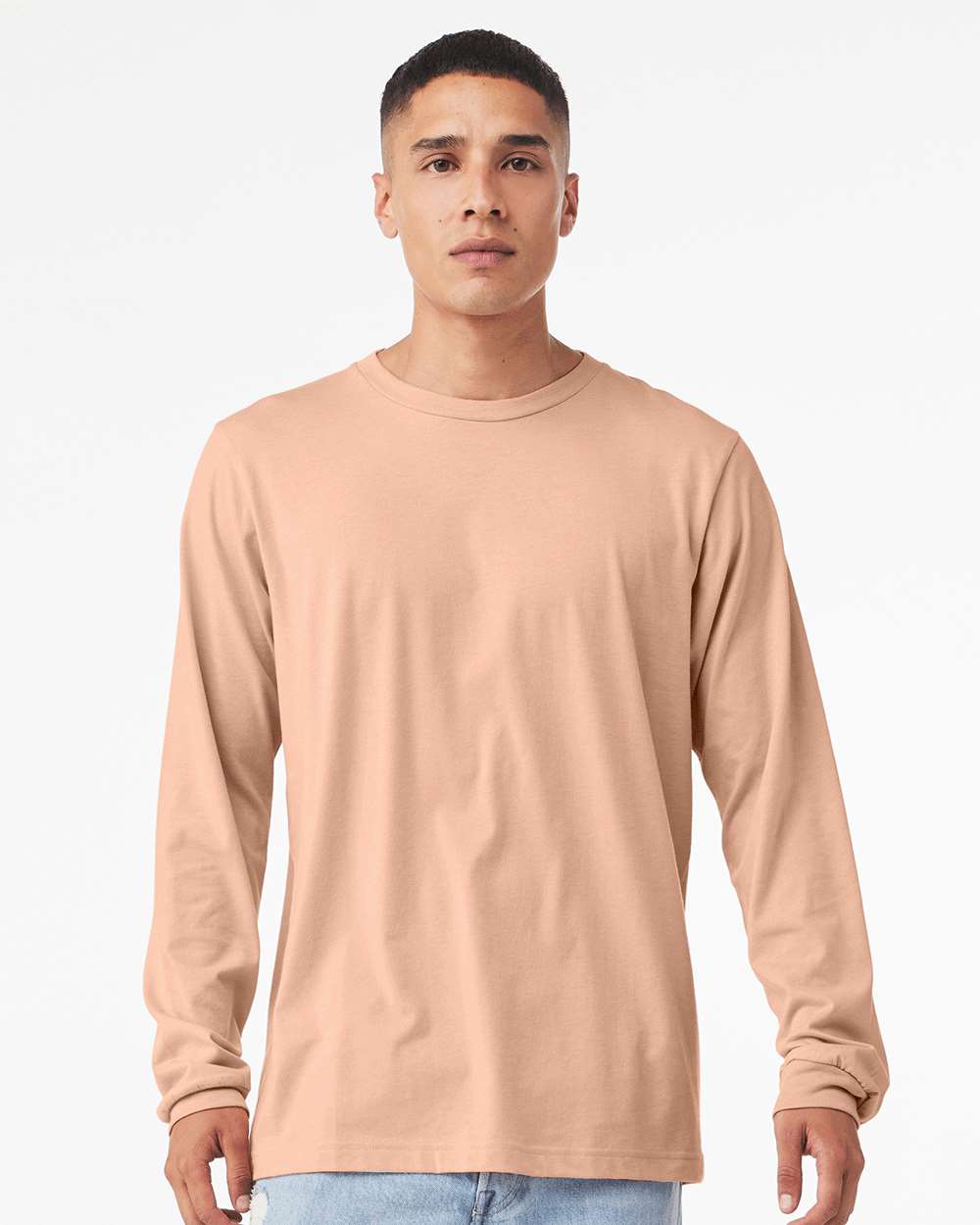 BELLA + CANVAS 3501CVC Heather CVC Long Sleeve Tee - Heather Peach - On Model Front