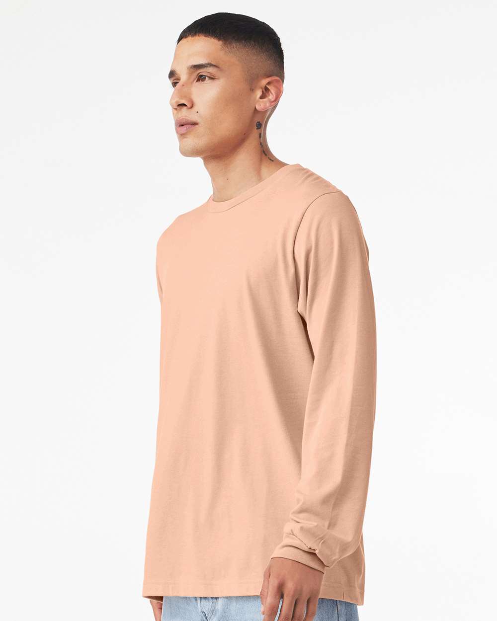 BELLA + CANVAS 3501CVC Heather CVC Long Sleeve Tee - Heather Peach - On Model Side