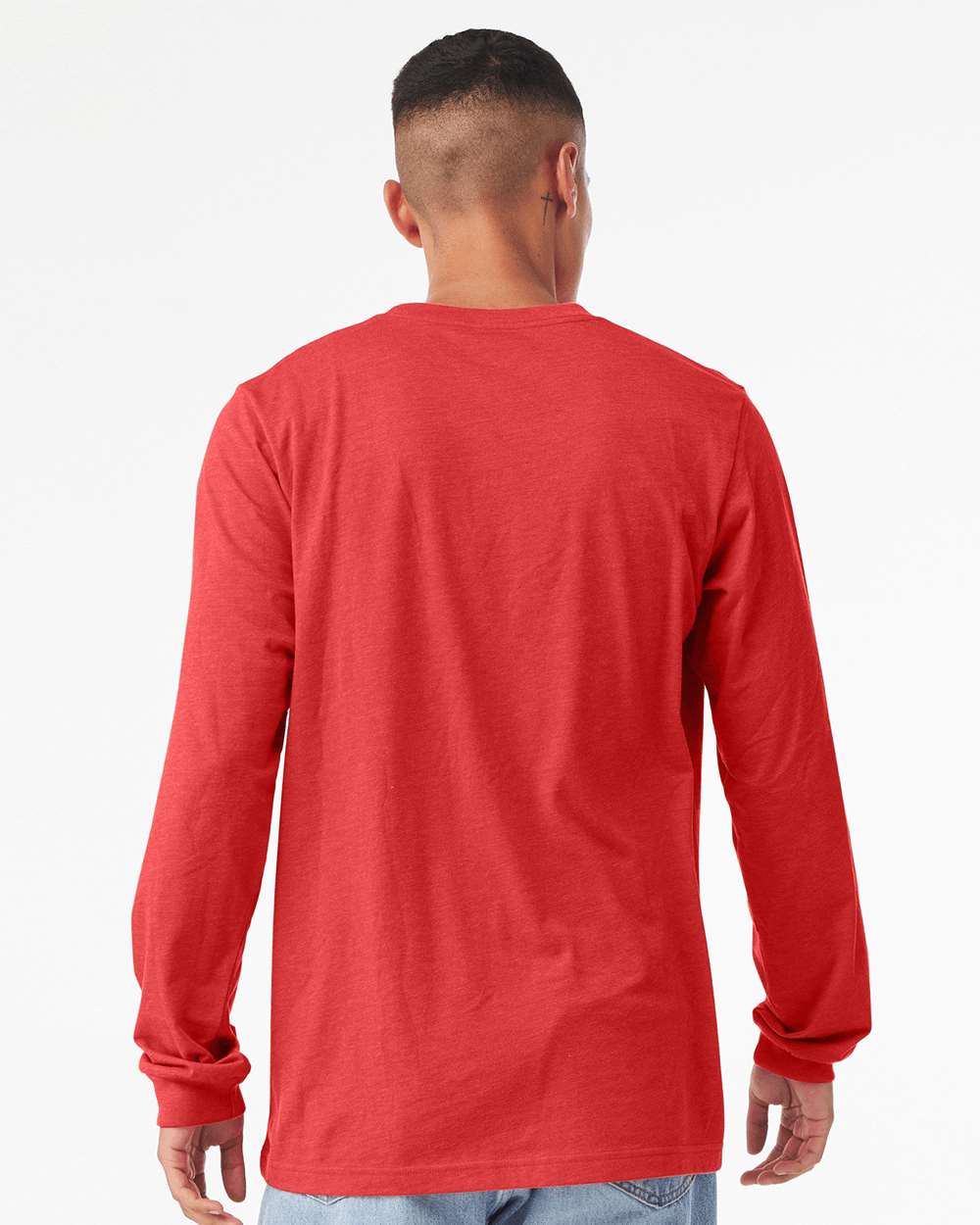 BELLA + CANVAS 3501CVC Heather CVC Long Sleeve Tee - Heather Red - On Model Back