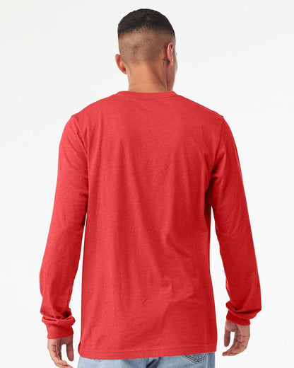 BELLA + CANVAS 3501CVC Heather CVC Long Sleeve Tee - Heather Red - On Model Back