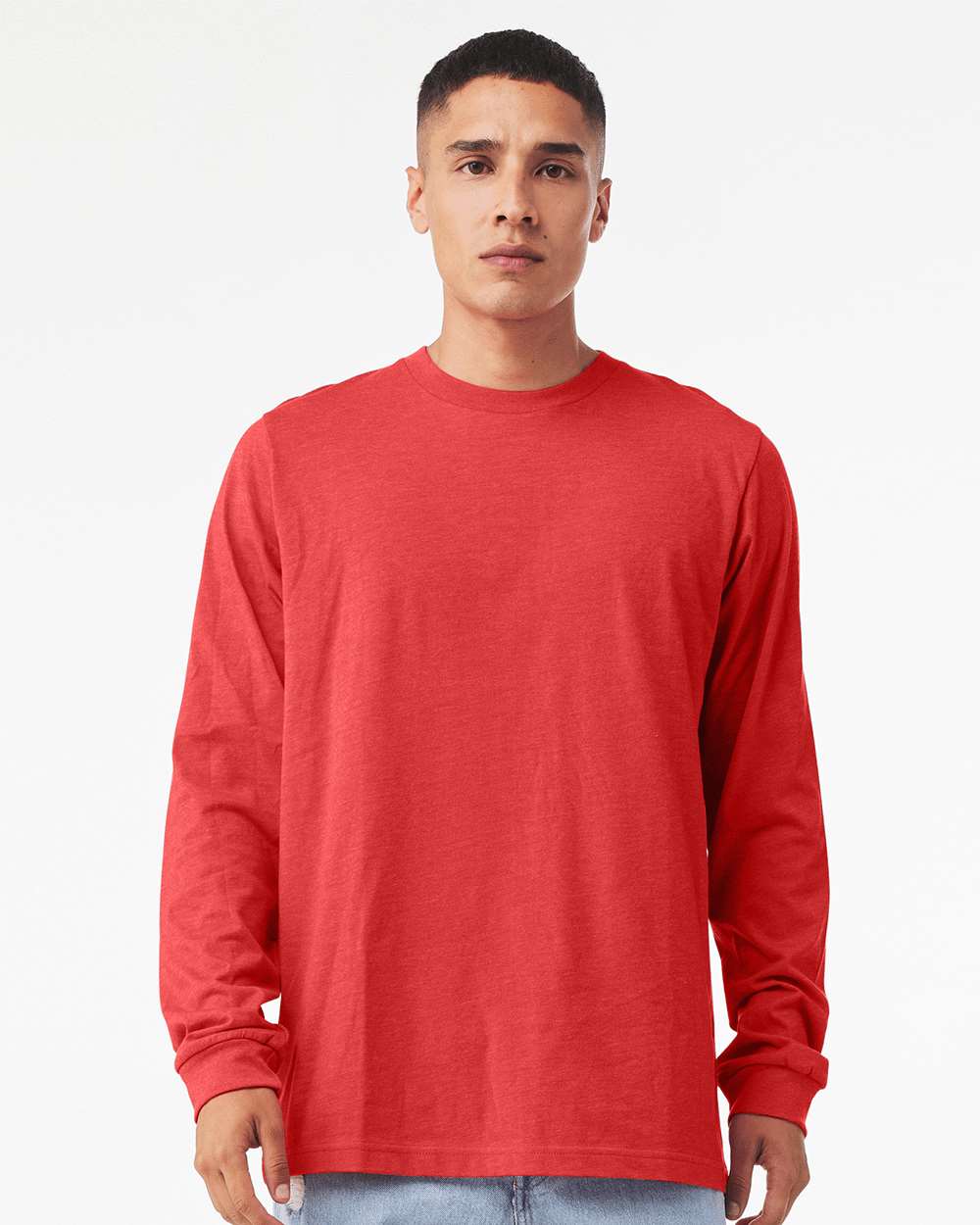 BELLA + CANVAS 3501CVC Heather CVC Long Sleeve Tee - Heather Red - On Model Front