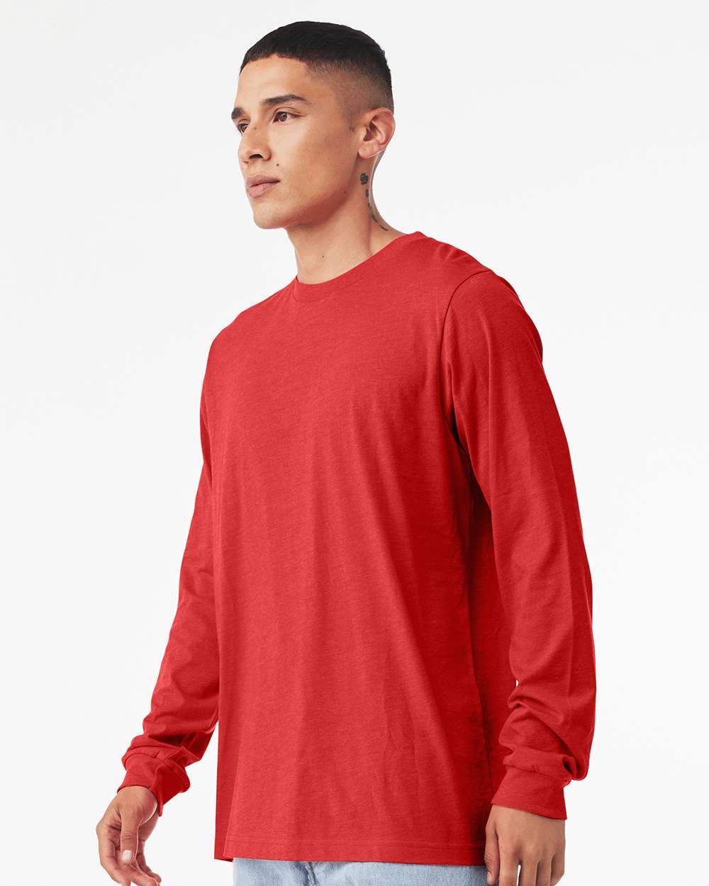 BELLA + CANVAS 3501CVC Heather CVC Long Sleeve Tee - Heather Red - On Model Side