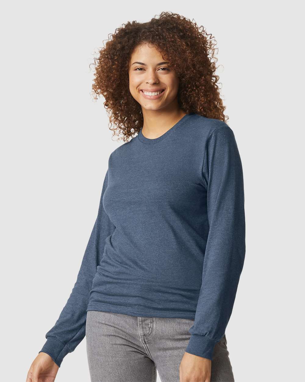 Gildan 64440CVC Unisex Softstyle® CVC Long Sleeve T-Shirt - Navy Mist - On Model Front