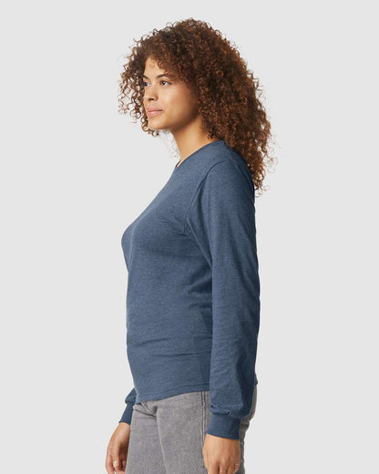 Gildan 64440CVC Unisex Softstyle® CVC Long Sleeve T-Shirt - Navy Mist - On Model Side