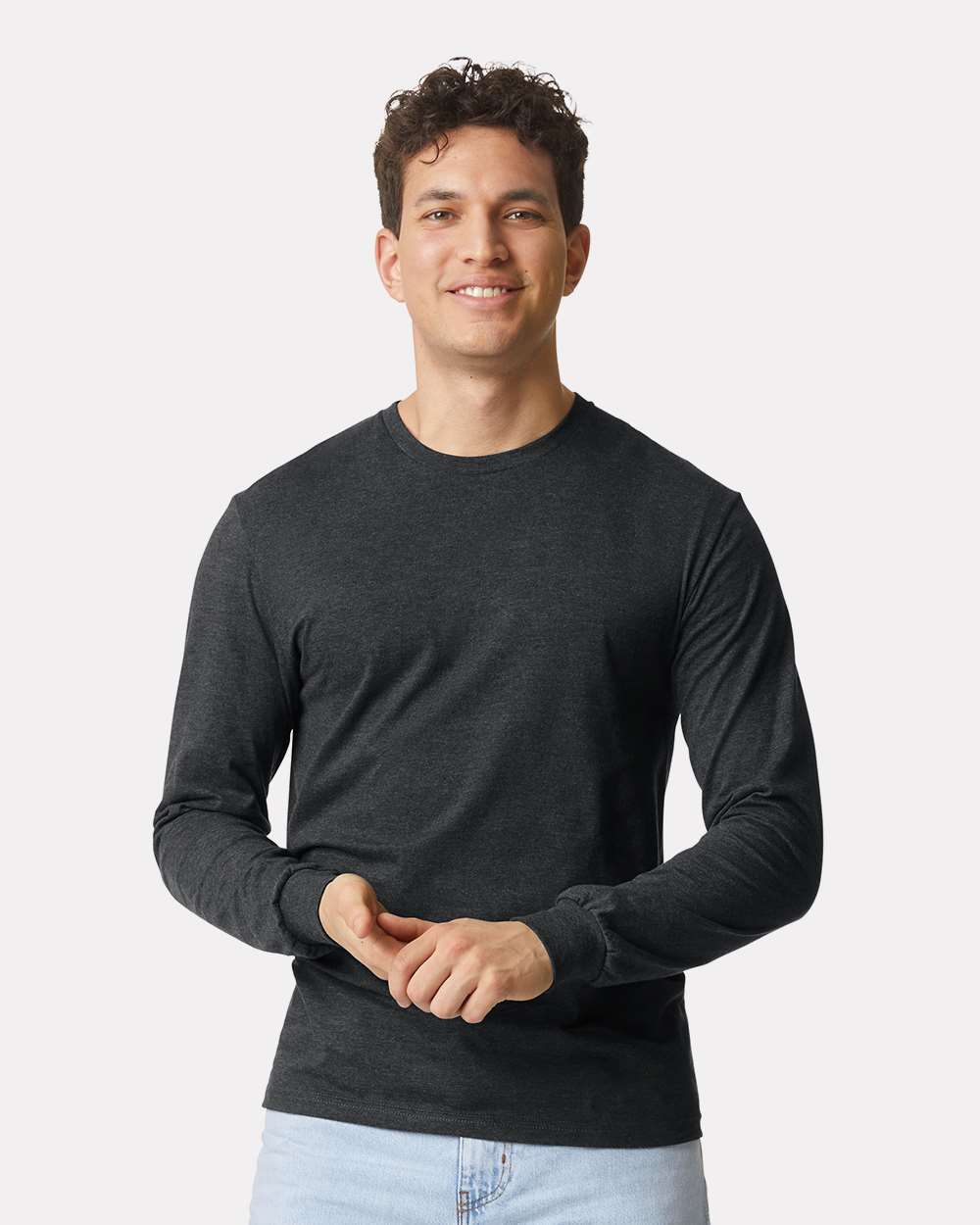Gildan 64440CVC Unisex Softstyle® CVC Long Sleeve T-Shirt - Pitch Black Mist - On Model Front
