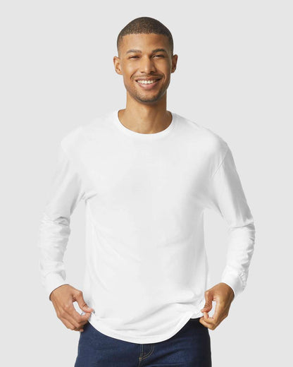 Gildan 64440CVC Unisex Softstyle® CVC Long Sleeve T-Shirt - White - On Model Front