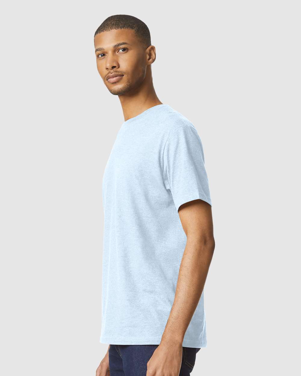 Gildan 64000CVC Unisex Softstyle® CVC T-Shirt - Light Blue Mist - On Model Side