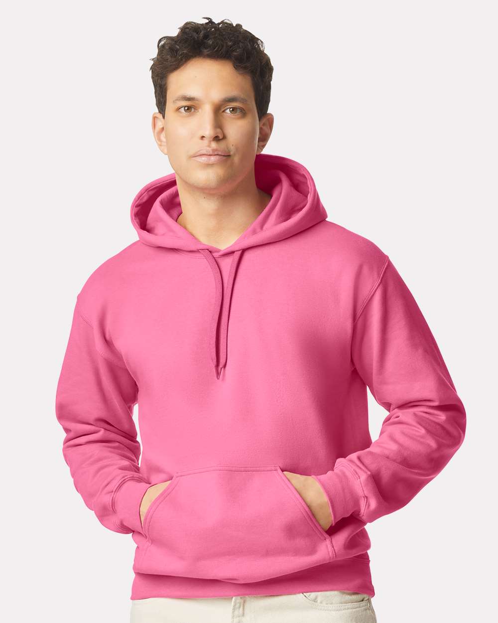 Gildan SF500 Unisex Softstyle® Midweight Hooded Sweatshirt - Pink Lemonade - On Model Front